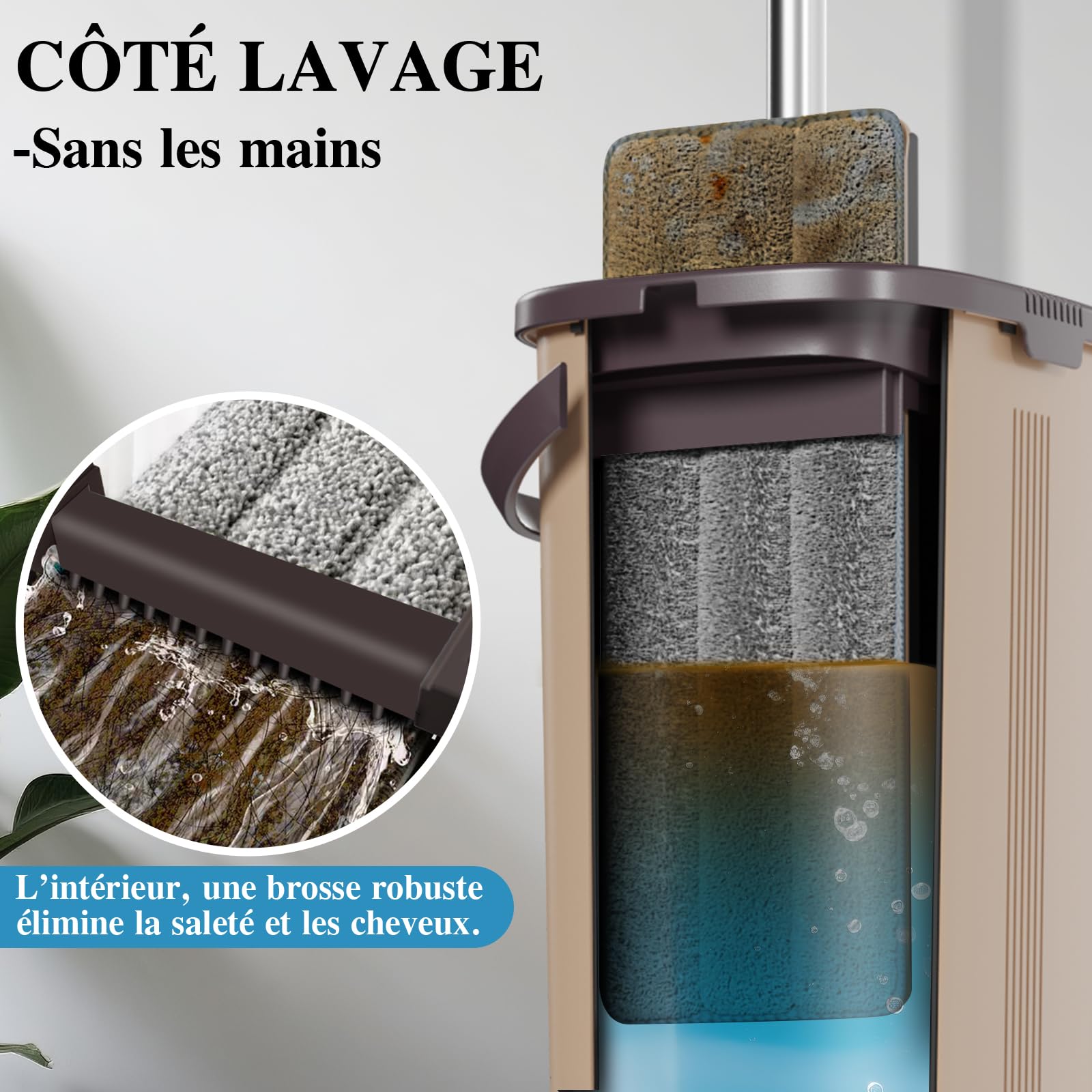 MASTERTOP Balai Plat Microfibre et Seau Essoreur, Serpillère Rotative 360° et Seau de Système Auto-Lavage pour Nettoyage de Sol Humide & Sec, avec 4 Tampons (Beige)