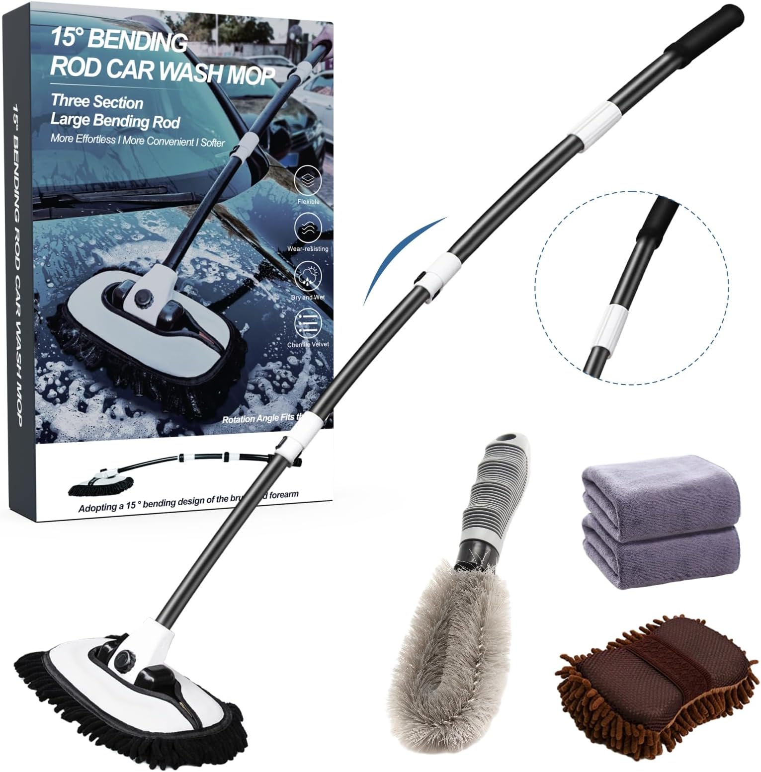 Carrand 93062 Brosse de lavage de voiture Deluxe 25,4 cm avec manche à rallonge de 91,4 cm à 165