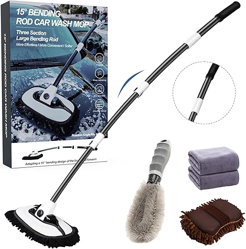 Miniatura 1 de Trapeador de lavado de auto, cepillo de lavado de auto doblado de 15, varilla ajustable de 3 secciones más barra de extensión de 56.7 pulgadas,