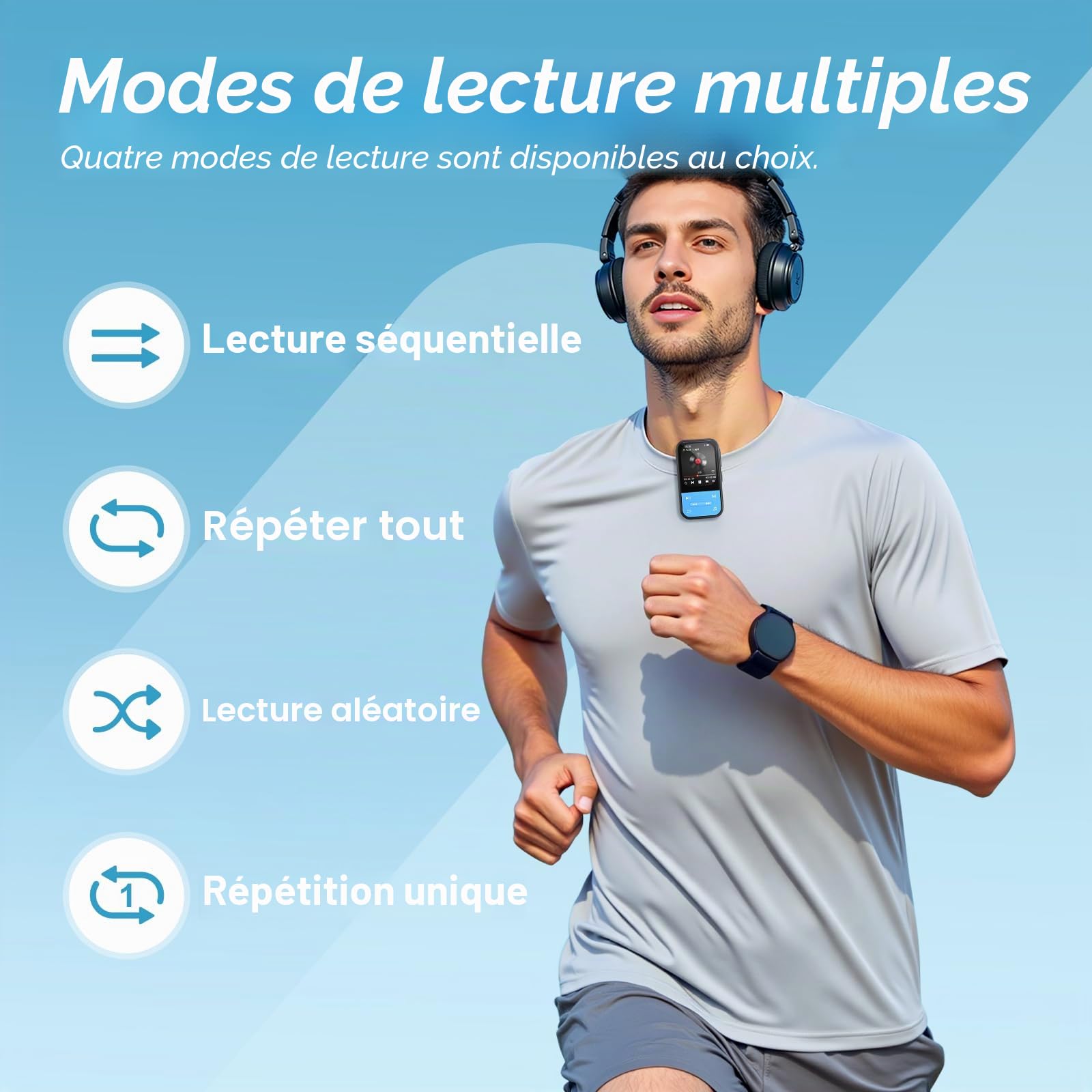 Lecteur MP3 64 Go - Lecteur MP3 Clip avec Bluetooth 5.3, Lecteur de Musique Portable avec Radio FM, enregistreur Vocal, podomètre, Design Mini idéal pour Le Sport, écouteurs Inclus (Bleu)
