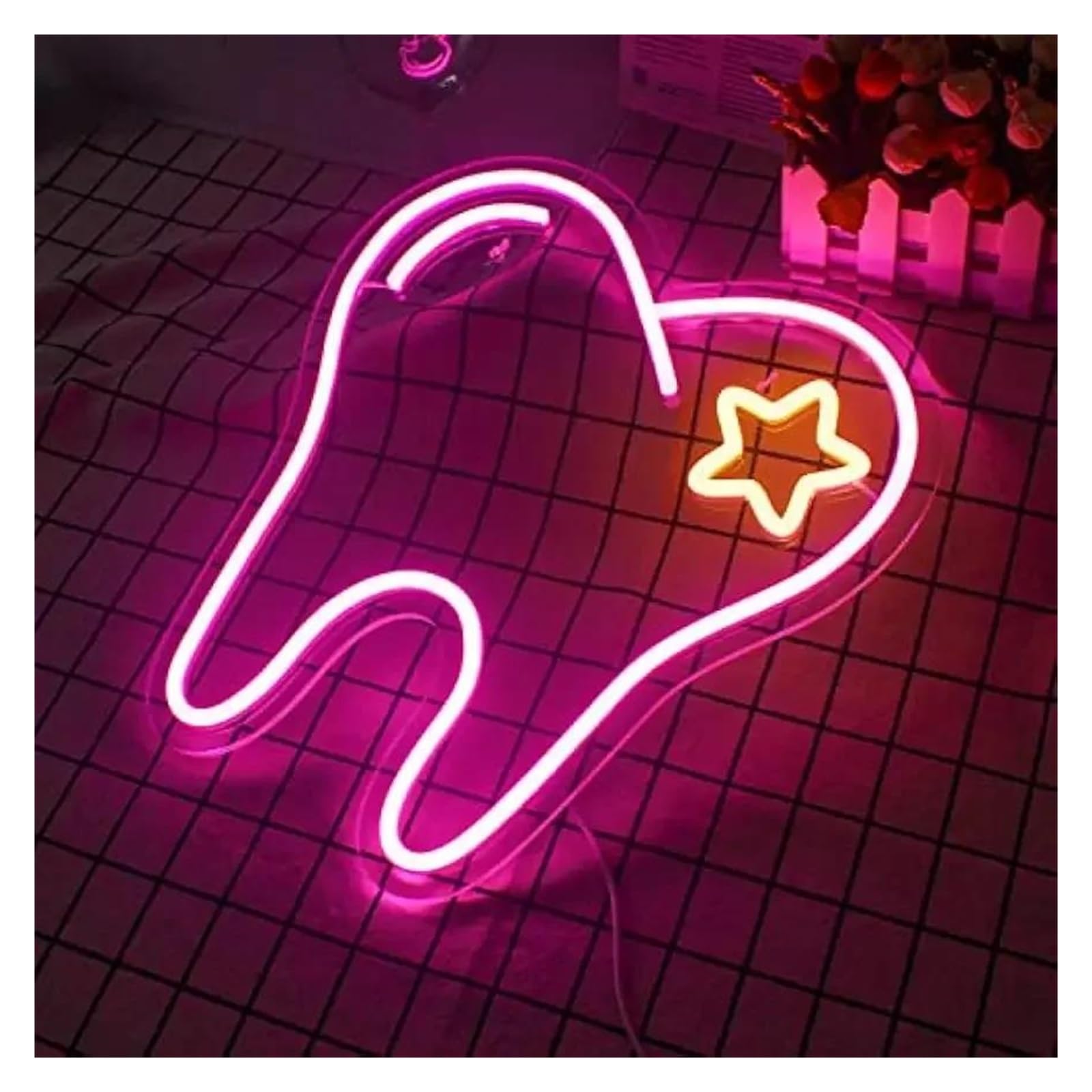 XENITE Luces Art Decoration Christmas Letrero De Neón Con Forma De Diente, Luz LED Regulable Para Decoración De Pared Alimentado Por USB Para Consultorio De Dentista, Iluminado, 32cm×35cm
