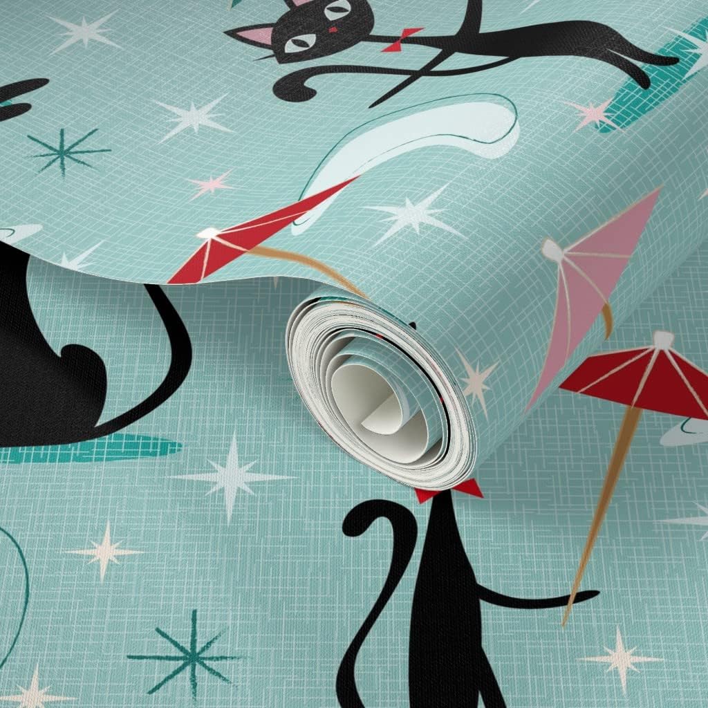 Peel & Stick Wallpaper 3ft x 2ft - Cocktail Umbrella Cats ‚Զ Cool 50S Kitsch Retro Black Vintage Style Umbrellas Atomic Cat Custom Removable Wallpaper by Spoonflower