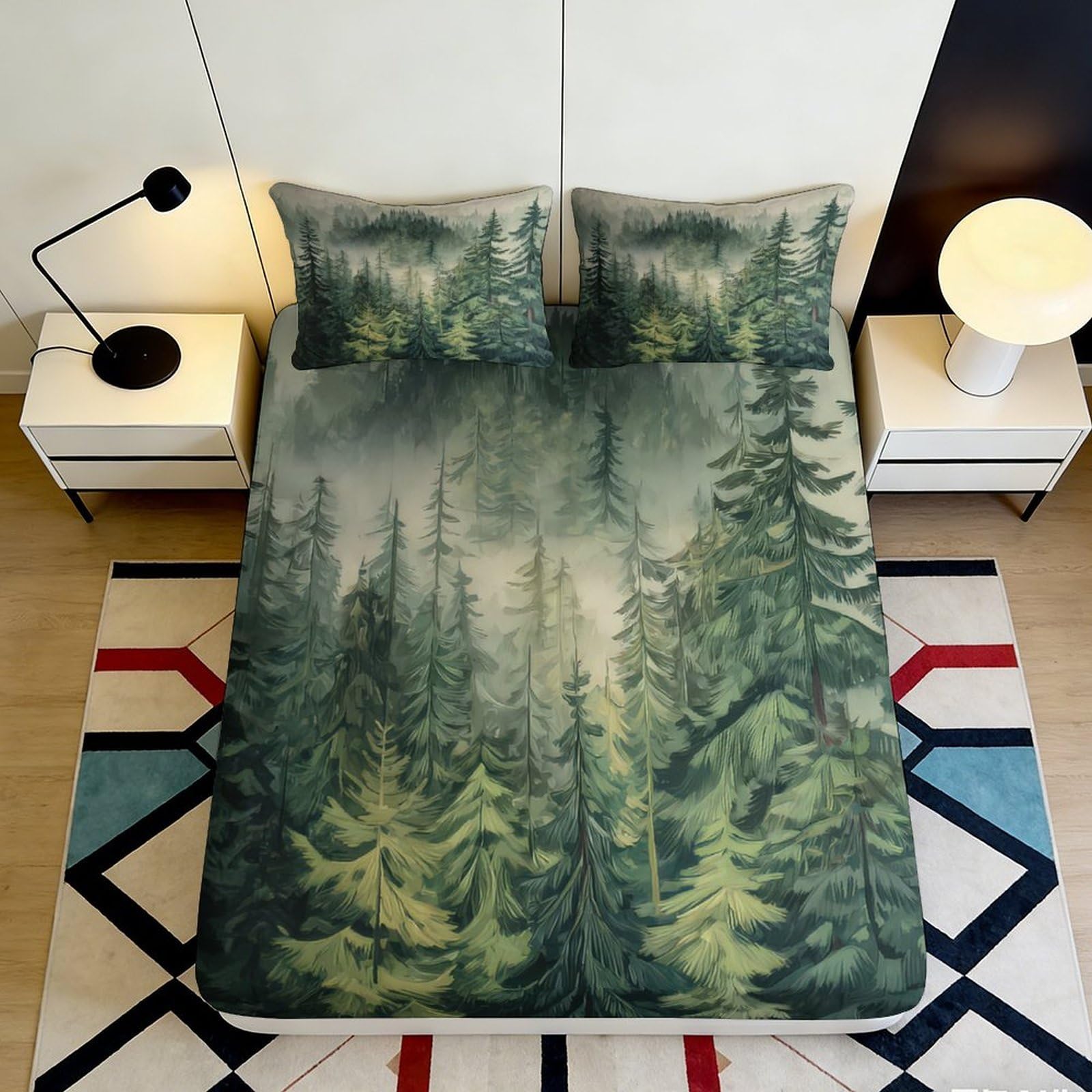 Pnayamiorkfel Style-6 3D Printed Misty Forest Fitted Sheet Microfiber Soft Green Pine Trees Bed Cover Bedroom Guest Room Decor 90X200x25cm