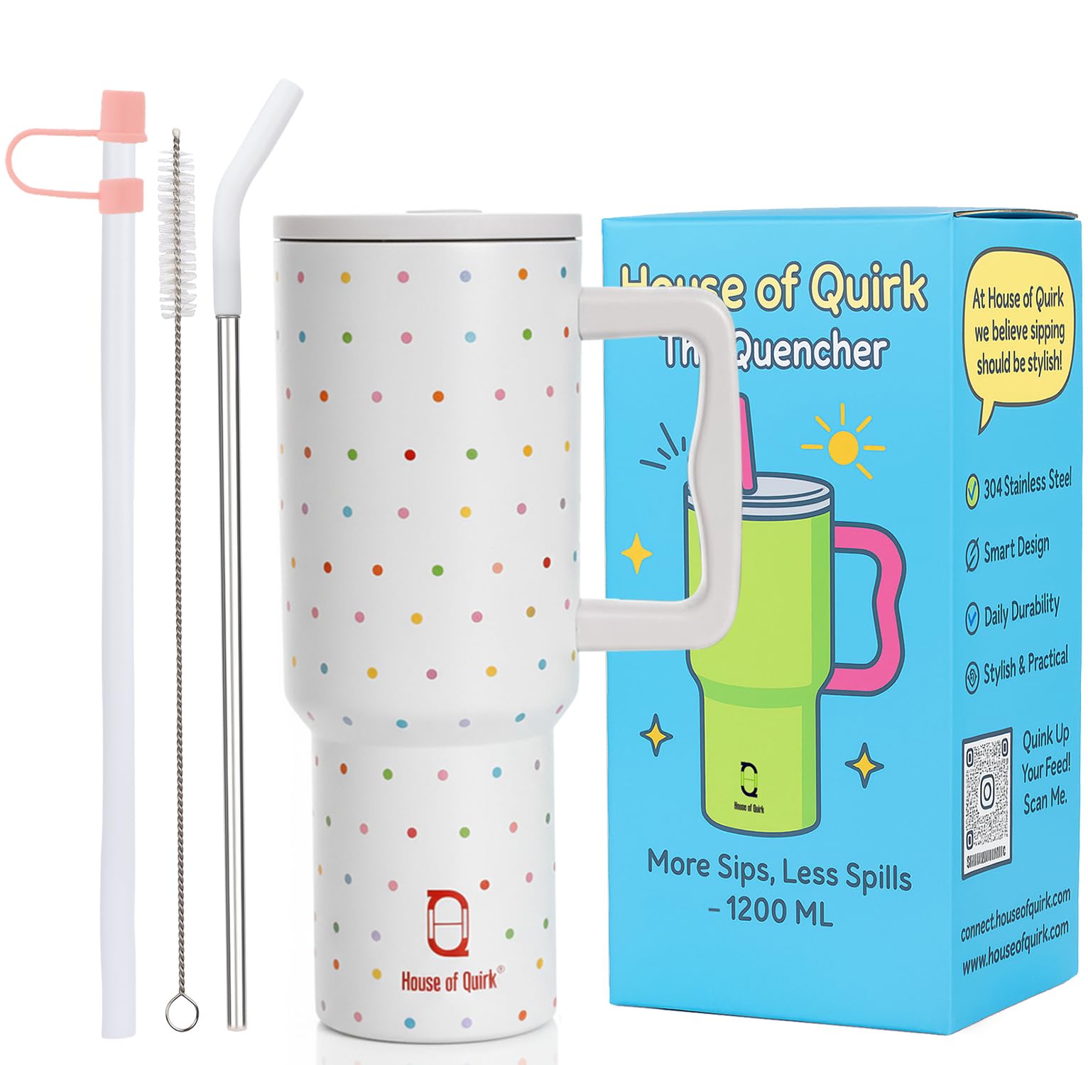 House of Quirk 1200ML Stainless Steel Tumbler with Handle & Lid, 2 Straws – Large Travel Mug Water Cup for Gym, Office & Outdoor Use (Cream Polka)