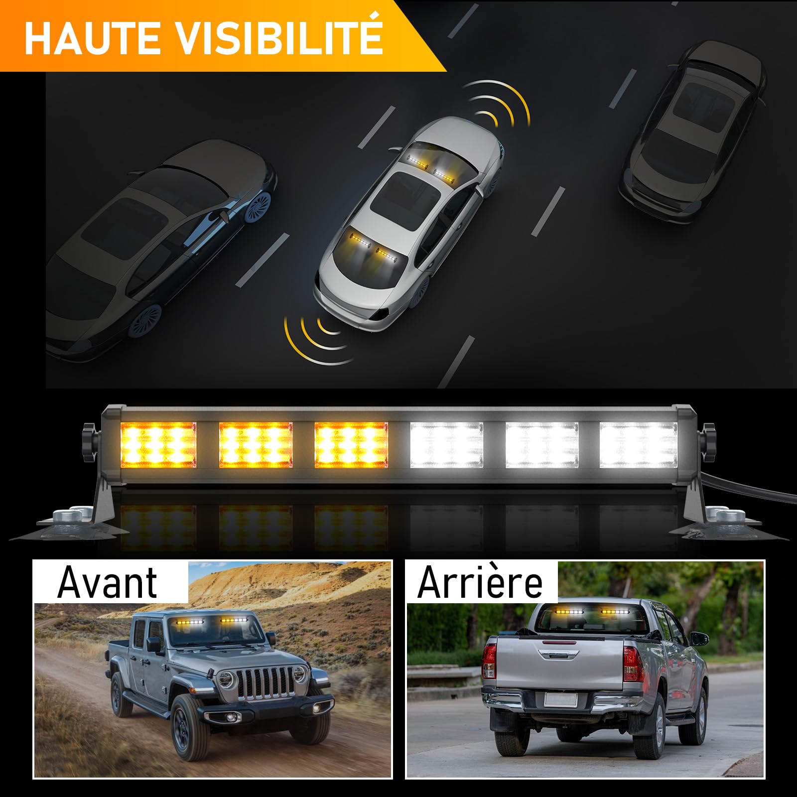 antom Sechs LED Barre Lumineuse Clignotante Stroboscopique 2 pièces, 36 LEDs, Lumière d'avertissement Orange + feu 19 Modes de Stroboscope Clignotant pour Voiture, Camion, Tracteur