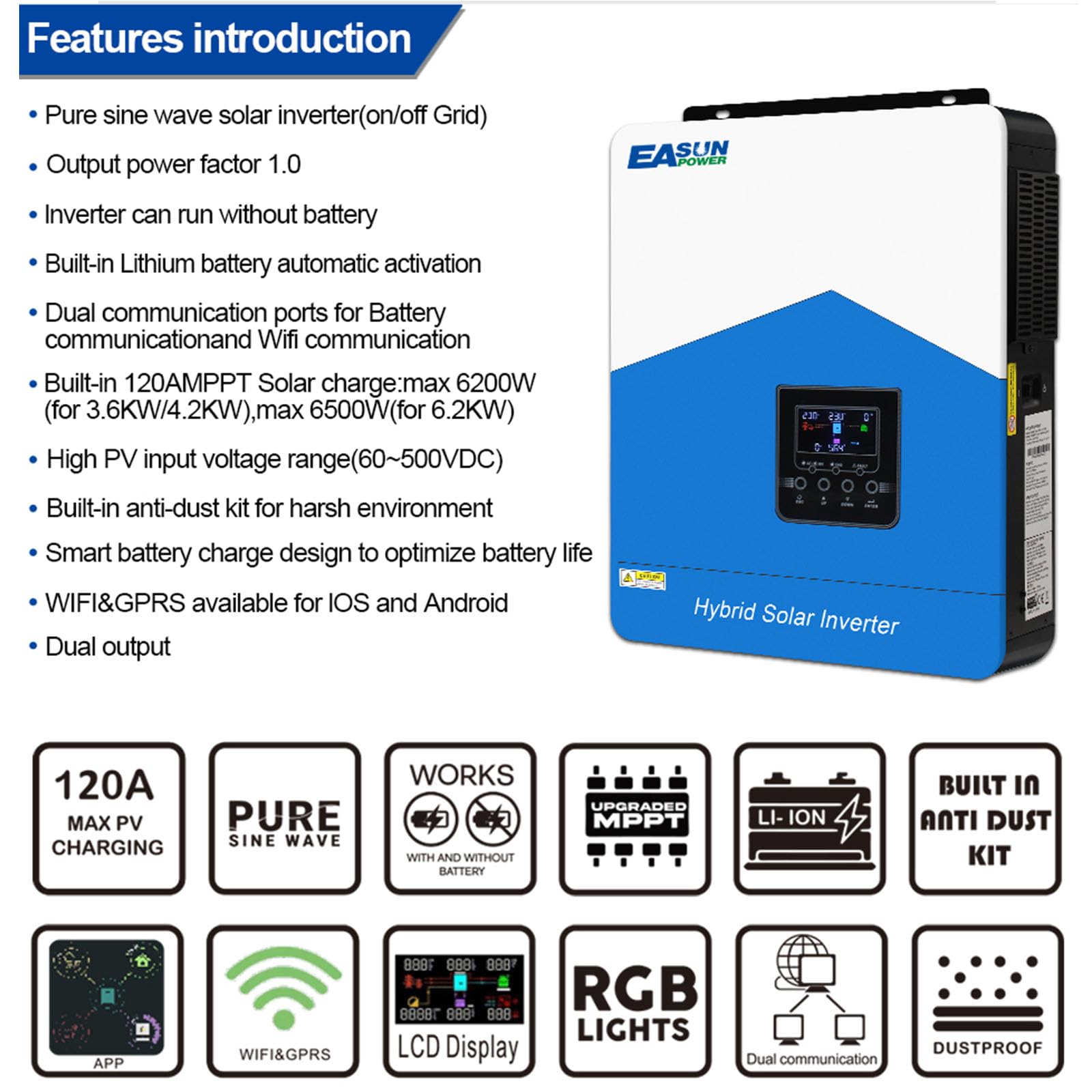 POWLAND 6200W Inverter ibrido da 48Vdc a AC 230V con modulo WiFi 2 uscite AC Larghezza PV 60-500VDC Off Grid Pure Sine Wave Solar Inverter 120A MPPT Per batterie al piombo e al litio