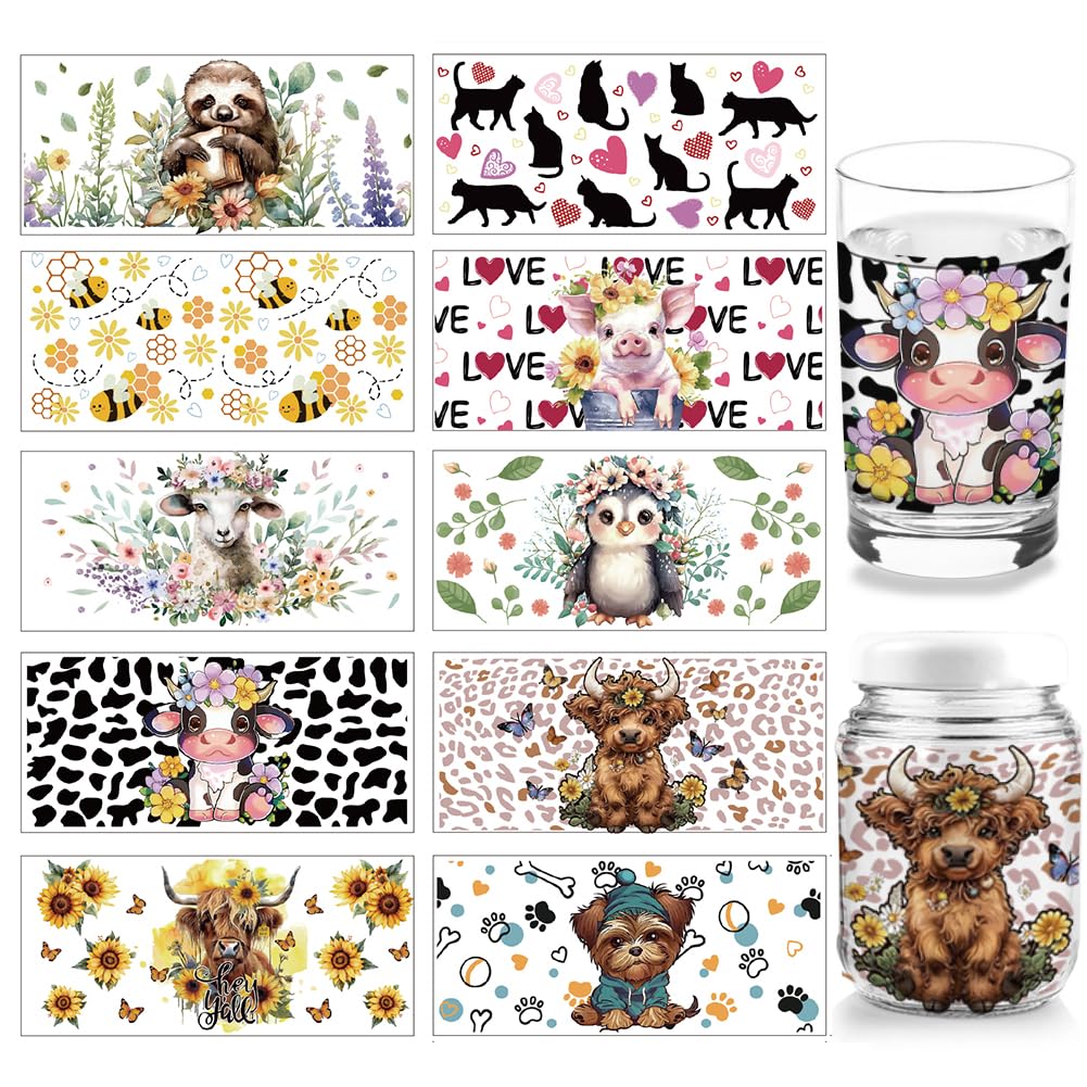 arricraft 10 Sheets Cartoon Animal UV DTF Cup Wrap, 10 Styles Cows Sloths Cats Rub on Transfers Waterproof PVC Paper Rub on Decals for DIY 16OZ Glass Cups Furniture Wood 24×11cm