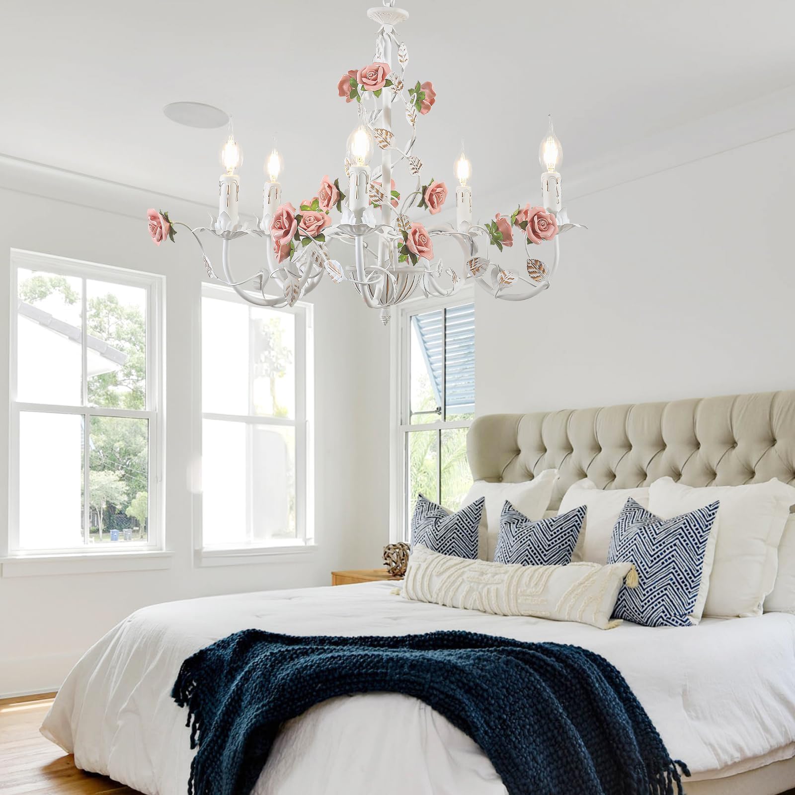 Lampadario Vintage In Metallo Con Rose Ceramica - 5 Luci, Stile Antico Per Cucina E Sala Da Pranzo - Foto 3