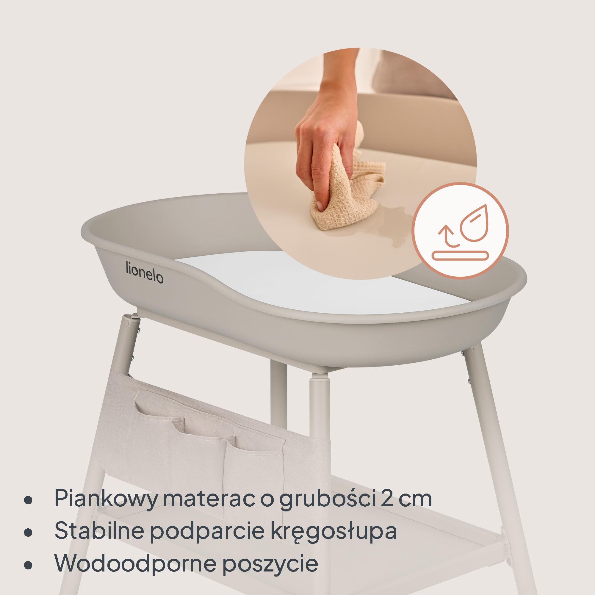 Lionelo Rosie mobilny stolik do przewijania dla niemowląt z regulowaną wysokością, wodoodporna mata piankowa 2 cm, kółka z hamulcami, boczny pojemnik na wodę i organizer z tkaniny, stabilna