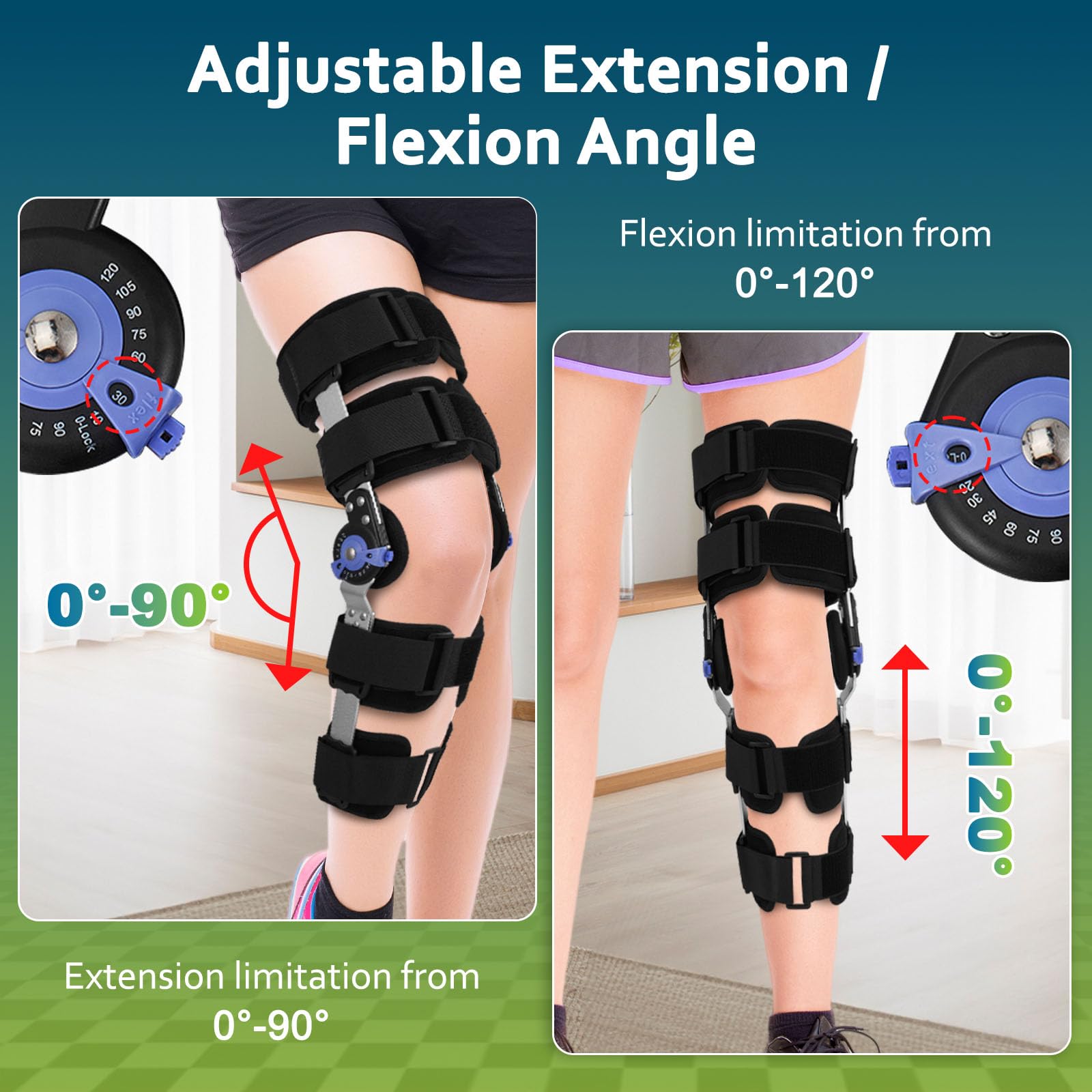 Rodillera ajustable, ROM estable, fijación de rodilla ajustable, inmovilizador de rodilla ajustable con estabilizadores laterales de pierna (altura recomendada: mínimo 160 cm)