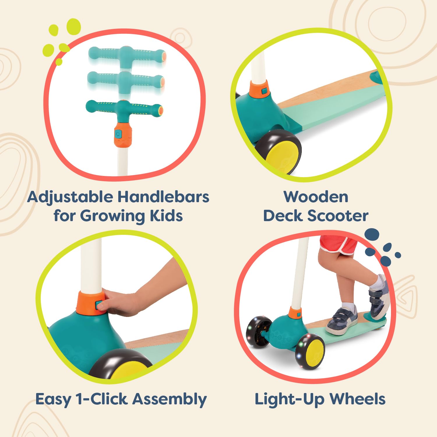 B. toys Scooter Fun, Trottinette en Bois avec Roues Lumineuses