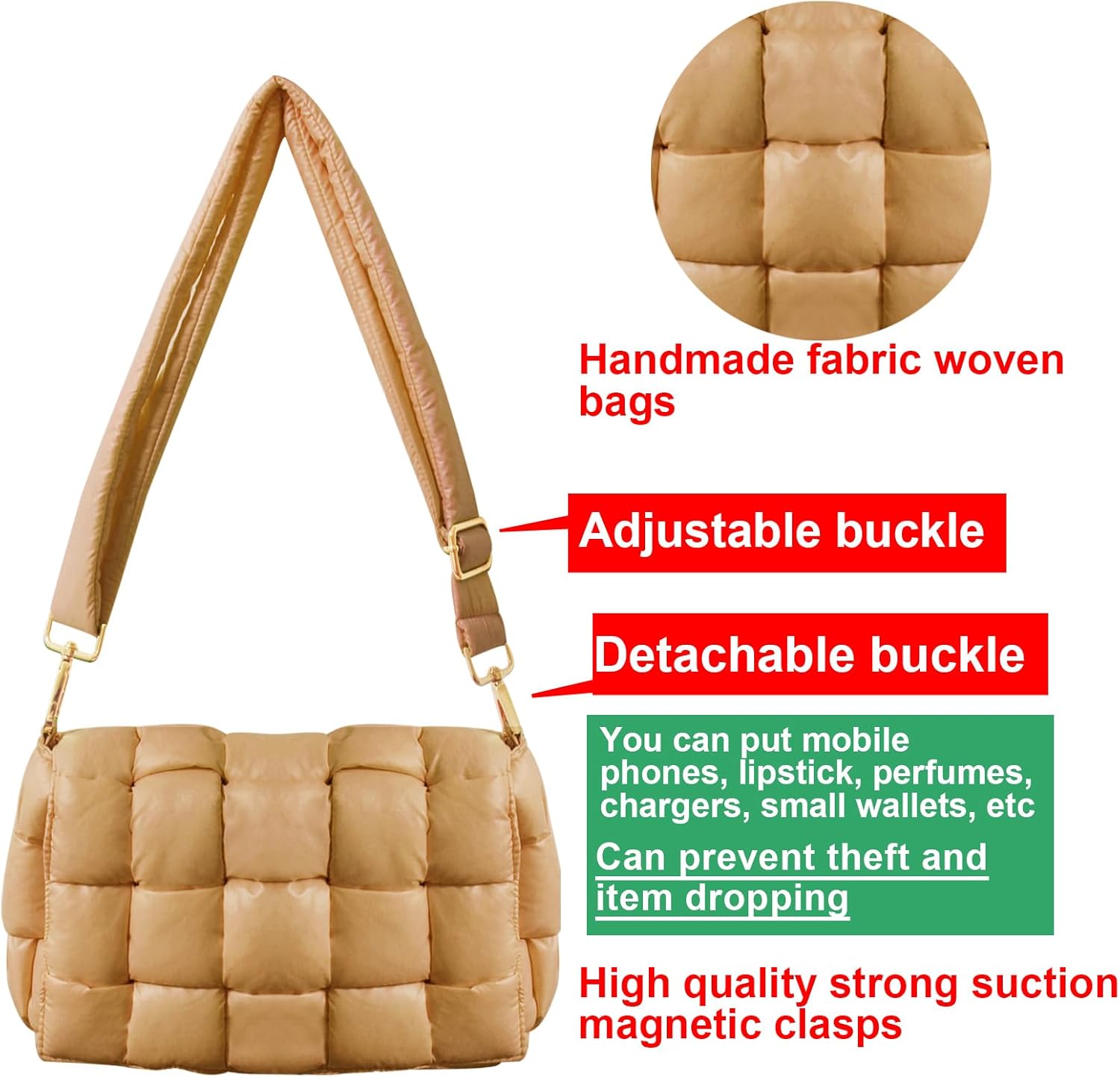 Puffer Woven Crossbody Bag Purse Handbags for Women, Quilted Hobo Carryall Bag Shoulder Bags with Adjustable Strap - Image 4