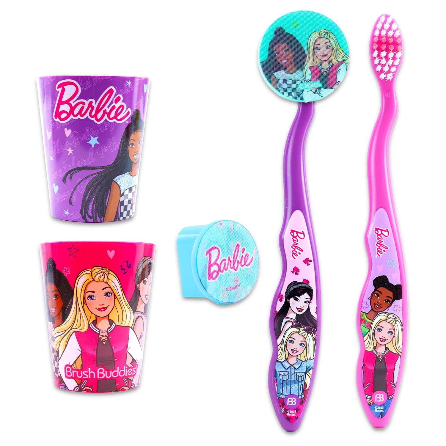 Barbie Spazzolino da denti e tazza per bambini, confezione da 6 pezzi con 2 spazzolini da denti, 2 tazze, adesivi, altro per ragazze e bambini piccoli | Set di spazzolini Barbie (gli stili possono