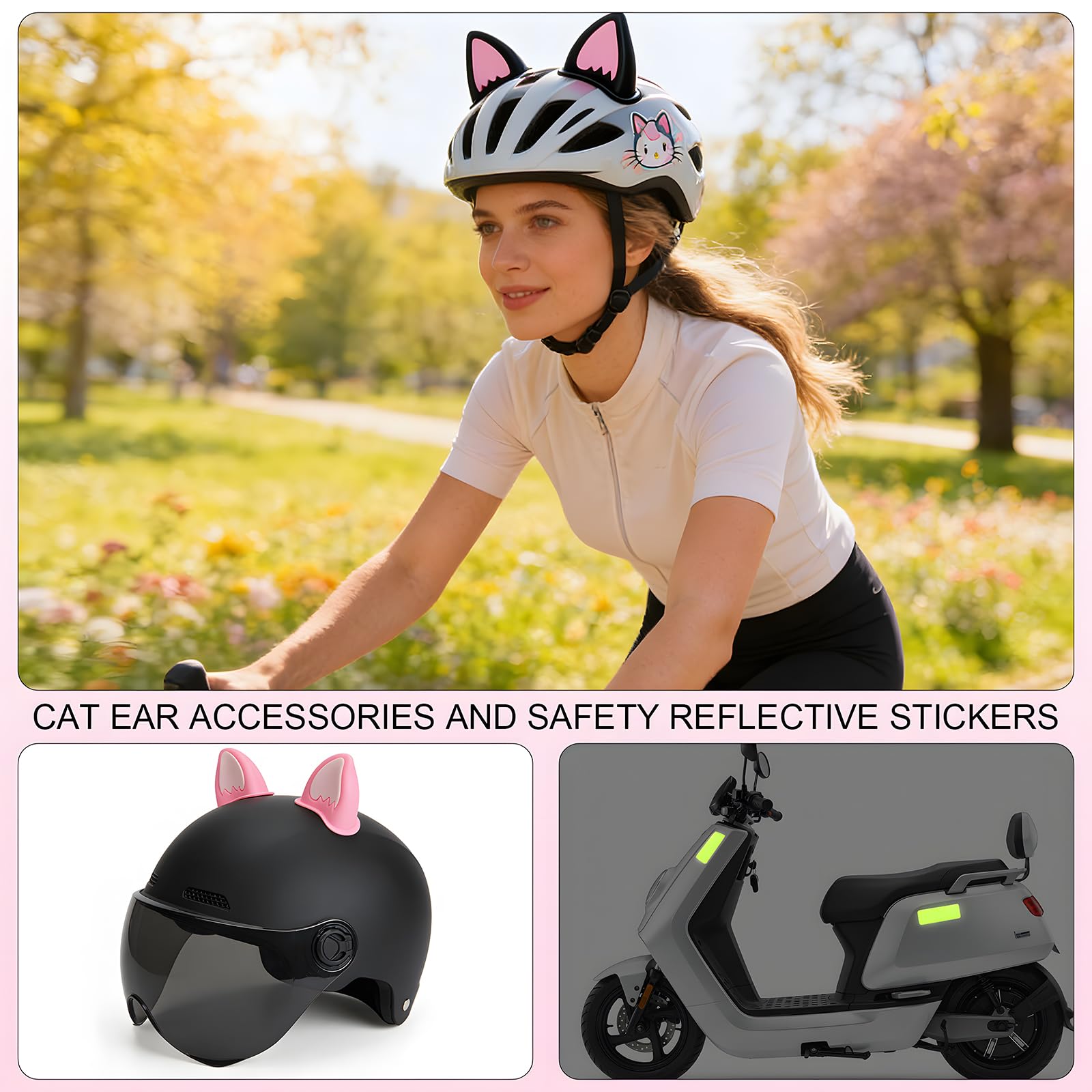 Zestaw 4 sztuk na kask motocyklowy, uszy kota, zestaw z 10 odblaskowymi naklejkami na rower, deskorolkę, motocykl, skuter, snowboard