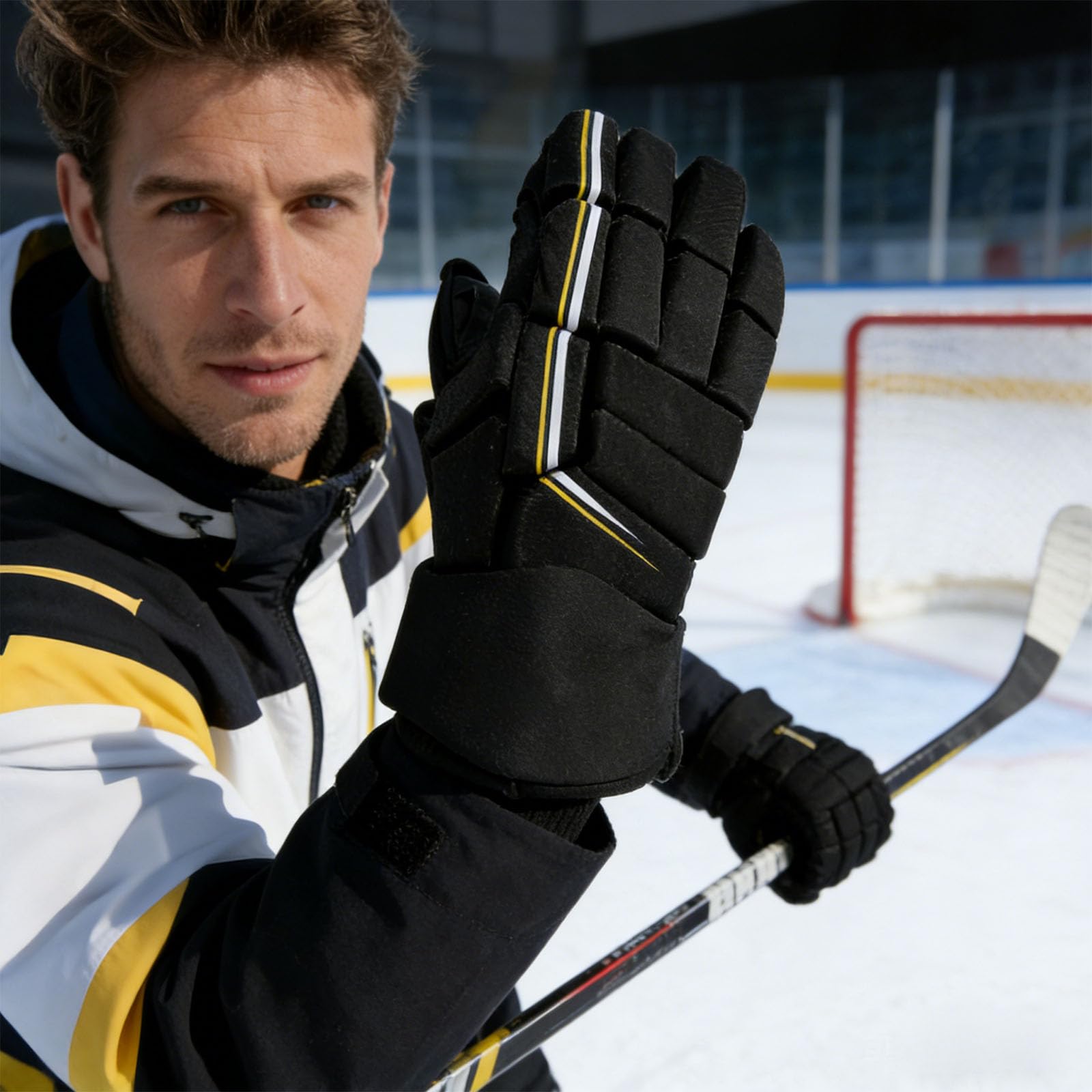 Gants de Hockey sur Glace pour Jeunes, 10 pouces/25,4 cm, Mousse Haute densité, Protection des Poignets, Doigts Flexibles, Paume Respirante, imperméables, Glace, Roller et Gazon