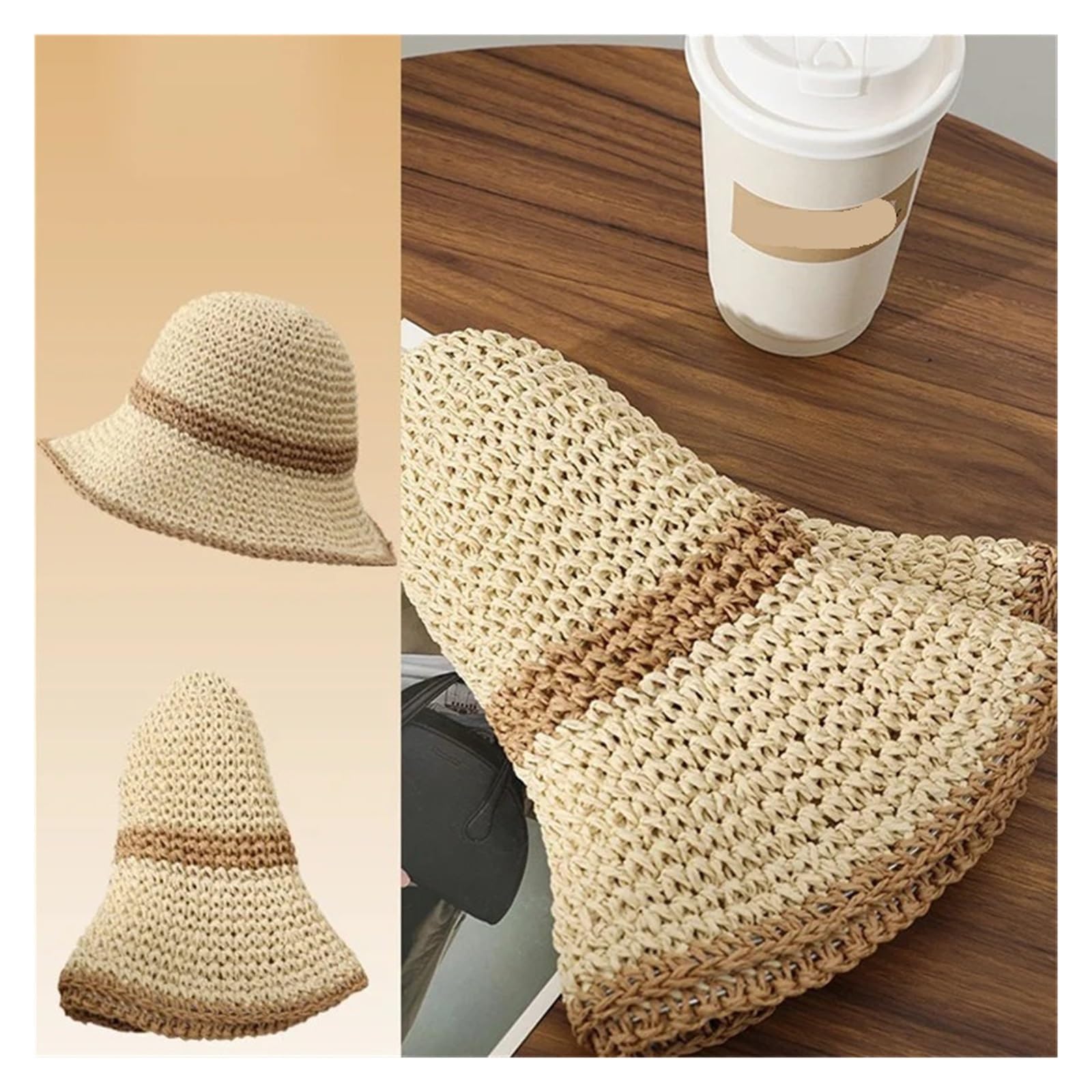 Sombrero de paja con ala ondulada for mujer, estilo cubo plegable ancha for playa, exteriores y verano