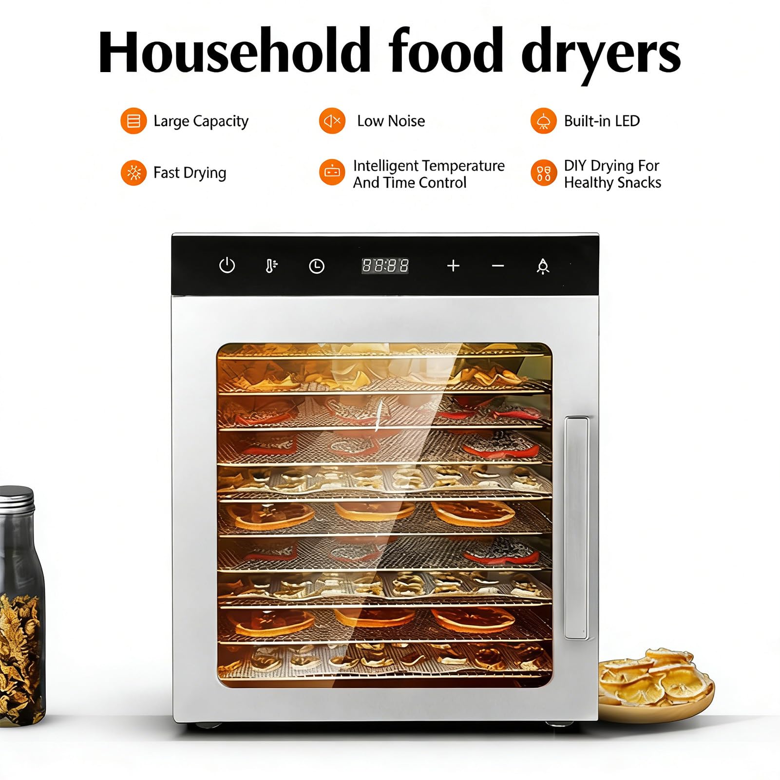 Deshidratador De Alimentos Acero Inoxidable 8/10 Bandejas, Deshidratadora De Frutas, Temperatura Ajustable 30-90℃, Temporizador 24h, Pantalla Led, para Carne, Fruta, Snacks Perros, Hierbas