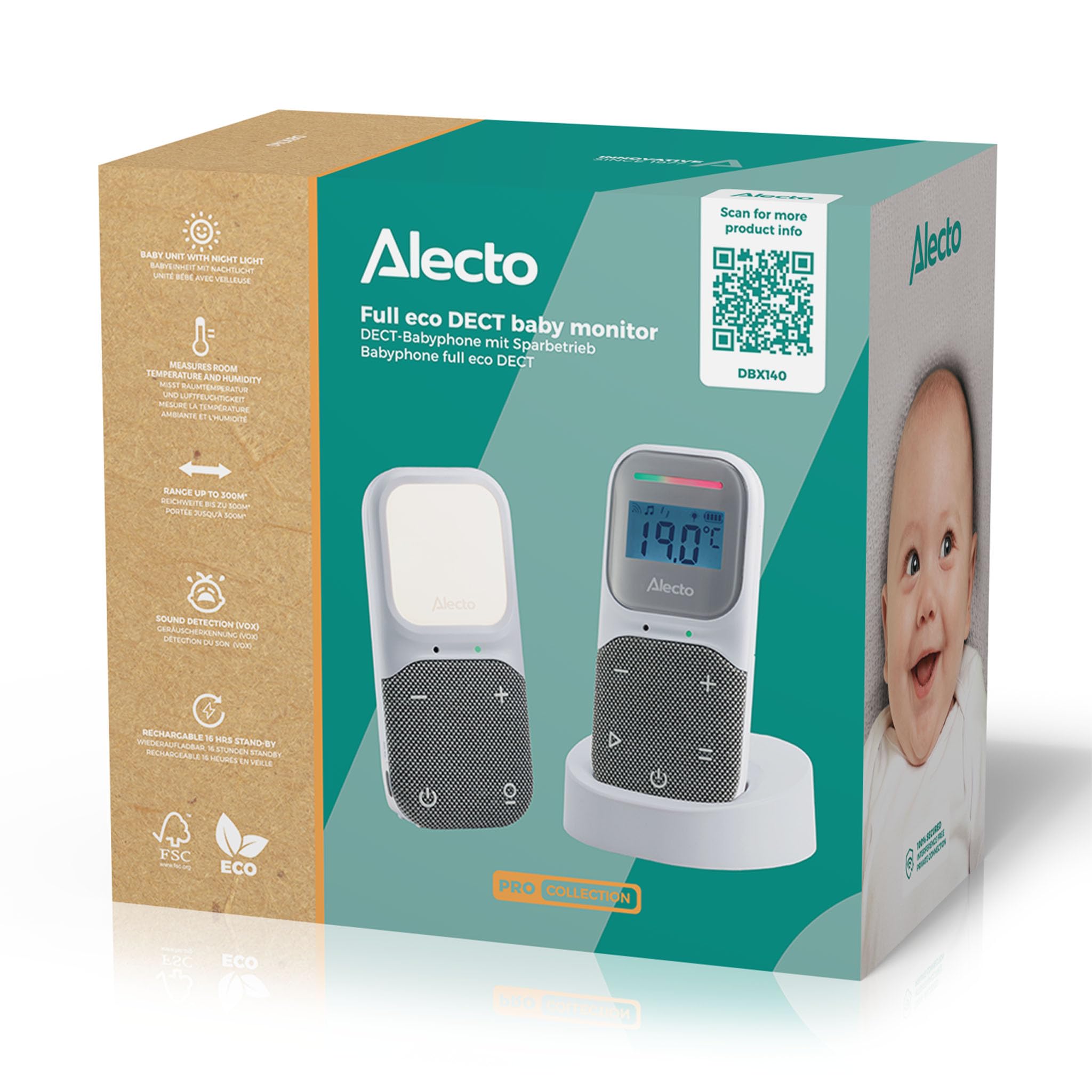 Alecto DBX140 Moderno baby monitor Full Eco Audio DECT display luce notturna Bianco Grigio
