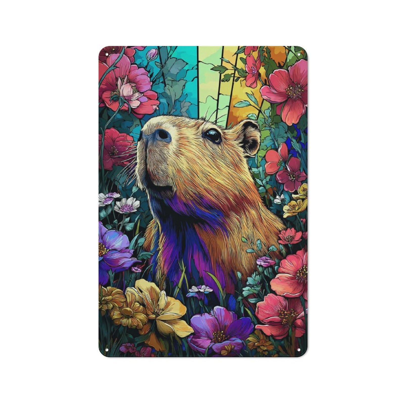 Junmoney Colorful Capybara In Floral Paradise -1 Loft Style Metal Wall Decor 30X20cm, Decorative Metal Plaque For Loft, Studio, Office Or Creative Room