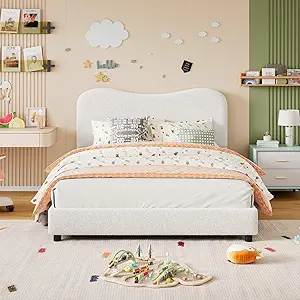 GarveeHome Twin Bed Frame for Kids with Velvet Upholstered Headboard, Cute Low Profile Platform Bed for Girls and Boys, No Box Spring Needed, Strong Wooden Slats, Noise Free, Easy Assembly, White