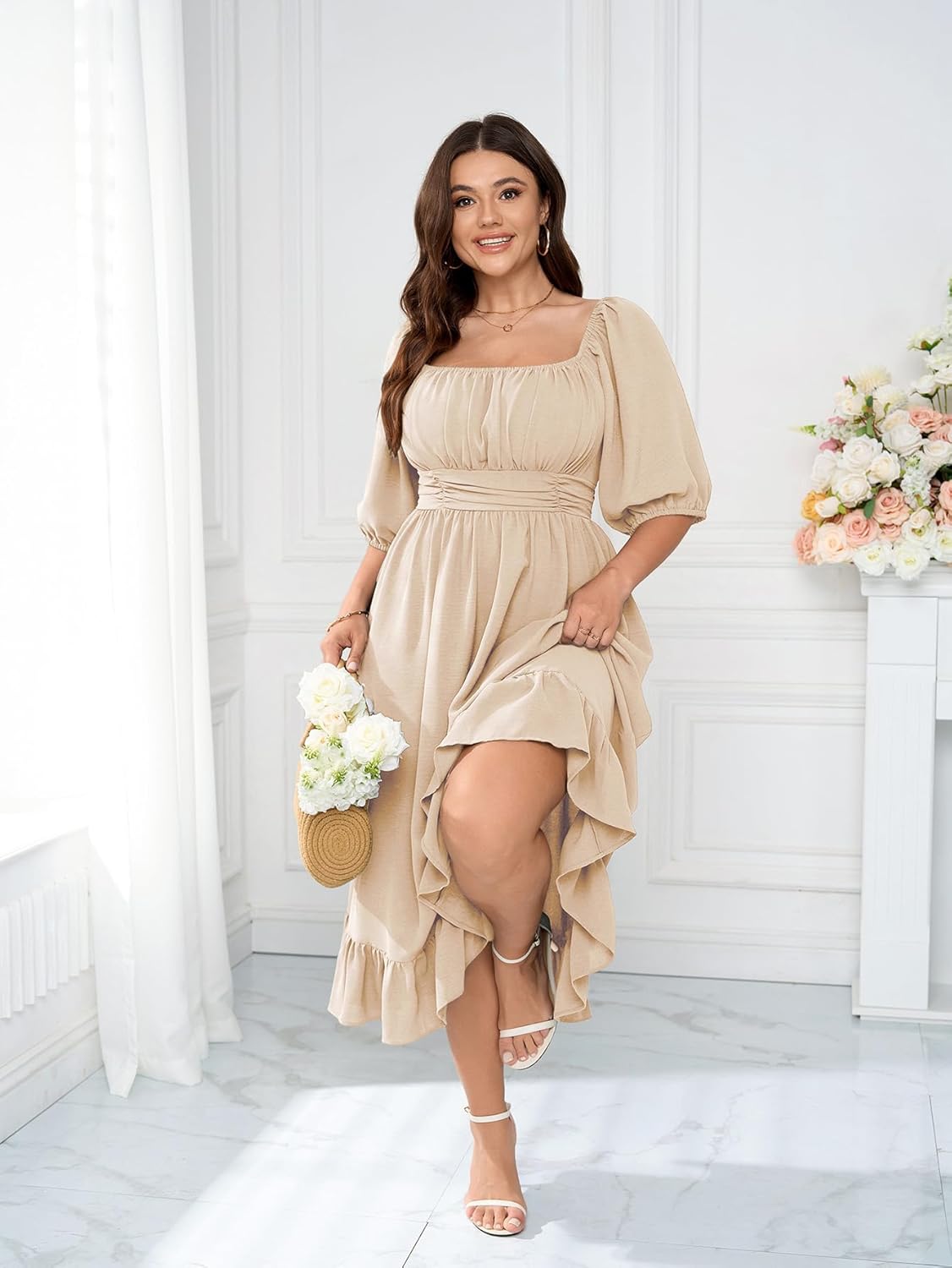 Women's Plus Size Maxi Dress Summer Half Lantern Sleeve Square Neck Smocked Flowy A-Line Elegant Wedding Guest Dresses - Image 5