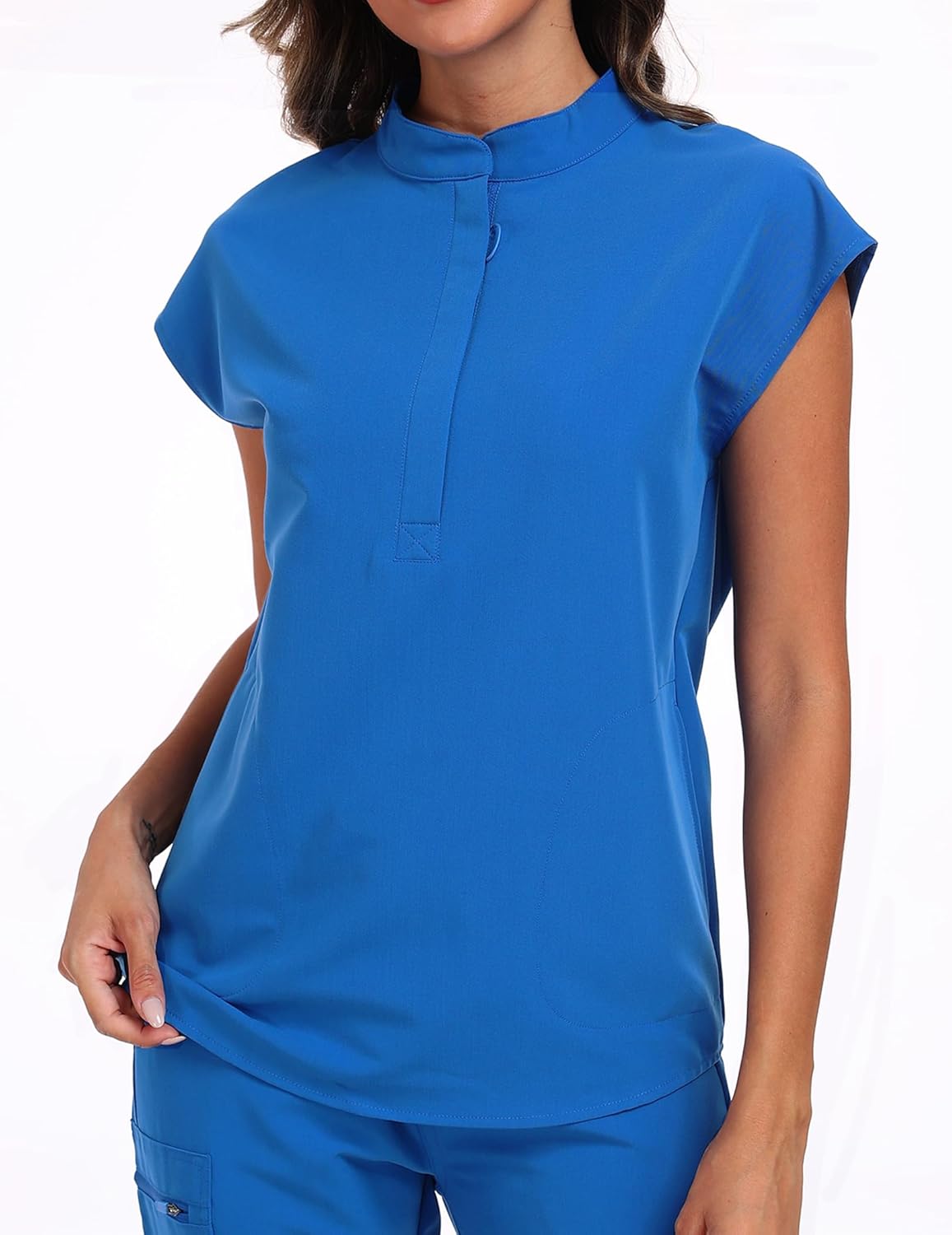 Women's Scrub Top 4 Way Stretch Shirts Zipper Up Work Blouse Short Sleeves Top with Two Pockets - Image 3