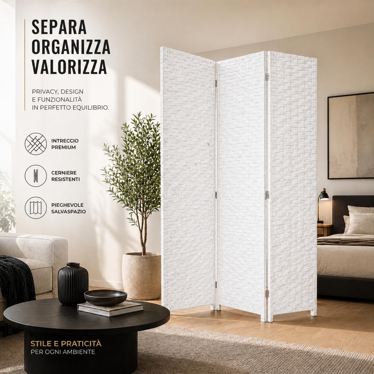 Separè da Interno 3 Pannelli 180X135h CM - Divisorio per Ambienti, in Plastica, Struttura in Legno, Motivo Intrecciato, Autoportante, per Soggiorno, Ufficio, Camera, Pieghevole - (Bianco)