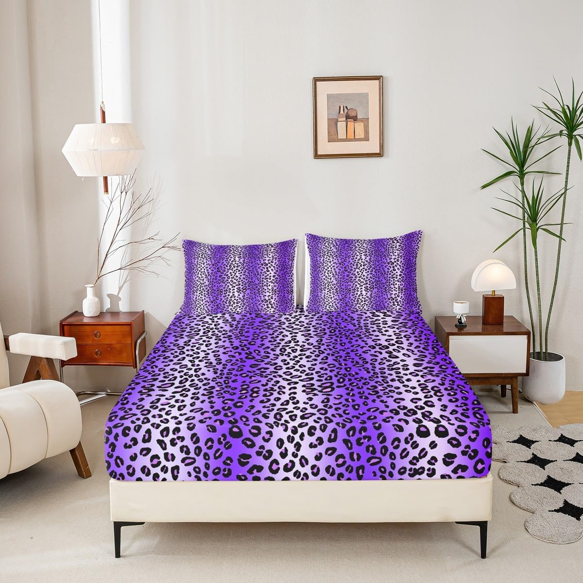 Erosebridal Purple Leopard Bed Sheets Set Cheetah Print King Size Sheet Sets, Wild Animal Fur Sheets Wildlife Bed Set, Purple Gradient Ombre Flat Sheet Abstract Artwork Room Decor