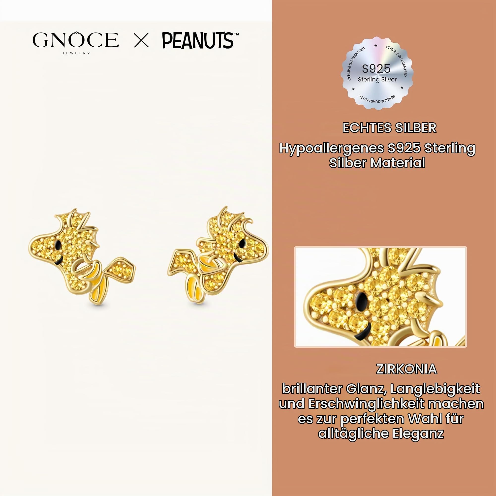GNOCE Ohrringe Peanuts Lächelnder Fliegender Woodstock Diamant Ohrstecker 925 Sterlingsilber für Frauen und Mädchen Schmuckgeschenk für Fans