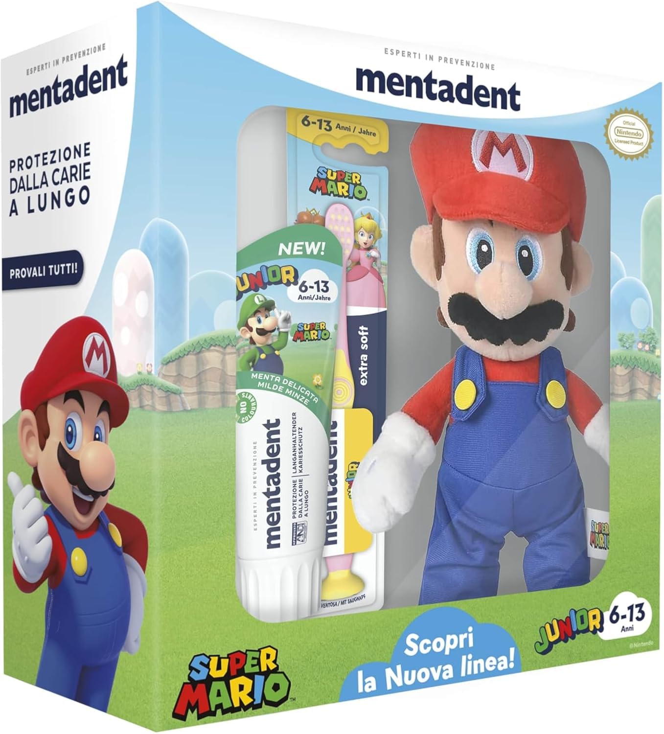 Mentadent, Super Mario Junior, Kit Plush, Spazzolino e Dentifricio Bambini 6-13 Anni, Personaggio a Sorpresa, Dentifricio Bambini Gusto Menta Delicata, Spazzolino Bambini, Ideale per Denti dei Ragazzi