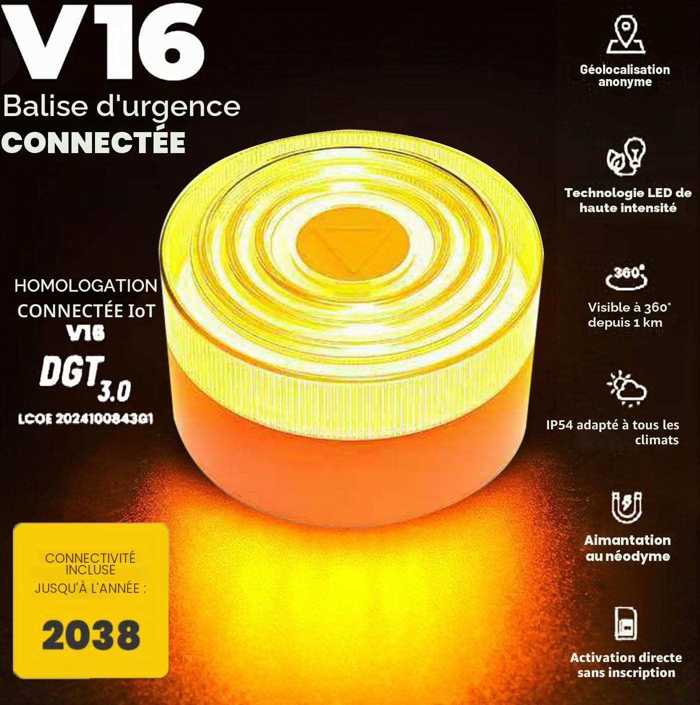 Balise V16 connectée à DGT 3.0 avec géolocalisation, lumière d'urgence V16 homologuée pour voiture, données incluses jusqu'à 2038 (V16 blanc X1)