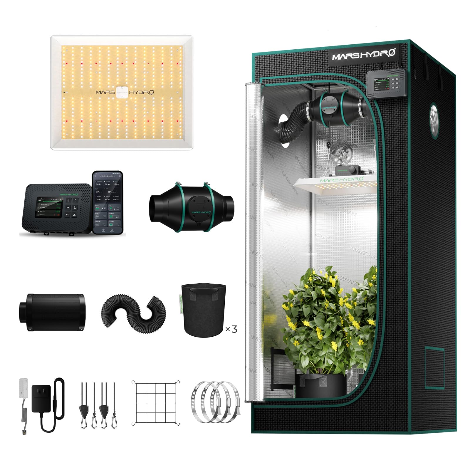 Mars Hydro Smart Growzelt Komplettset mit WiFi-Integrierte Controller43,TS1000 Dimmbar Grow Lampe,80X80X160cm1680D Hoch Reflektierend Mylar Grow Box Komplettset,mit 4" Automatische Lüftungssysteme