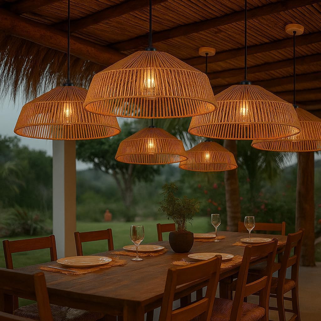 Lampadario a Sospensione in Stile Boho 40/50cm, Paralume in Rattan/Filo di Corda, Attacco E27, Altezza Regolabile, Illuminazione per Cucina Soggiorno Sala da Pranzo – Naturale LP-48 (G 50CM)