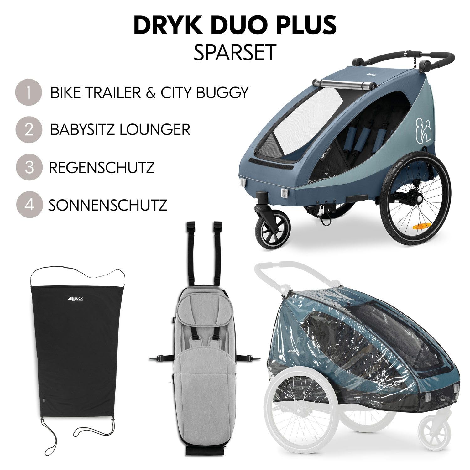 Hauck Dryk Duo Plus Set – Fahrradanhänger inkl. Baby Lounger, Sonnensegel & Regenschutz – für 2 Kinder, faltbar, gefedert & mit Kinderwagen-Funktion