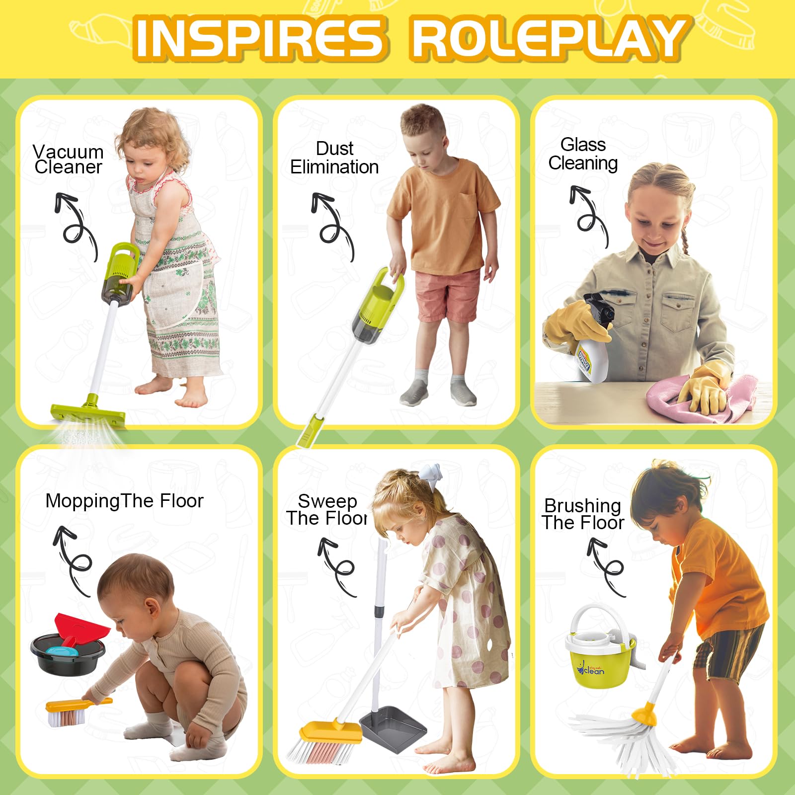 Kit de Nettoyage pour Enfants ,Menage Enfant Aspirateur Enfant Jouet, pour Les Tout Petits avec Balai Vadrouille Plumeau Pelle Brosses Chiffon,Nettoyage et ménage Jouets De Cadeau 3 Ans+ (Bleu)