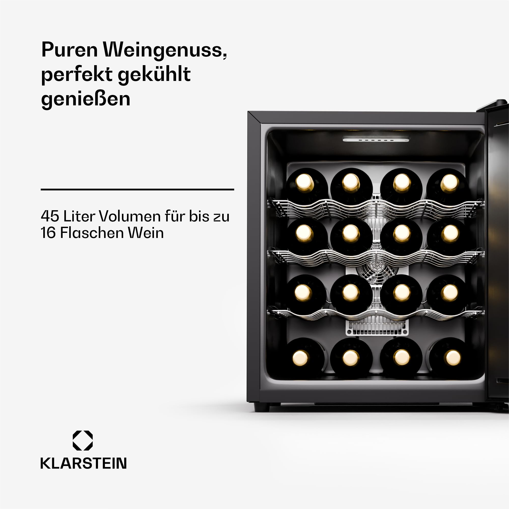 Klarstein Freistehender Weinkühlschrank 1 Zonen 16 Flaschen 5-22°C Glastür Leiser Flaschenkühlschrank