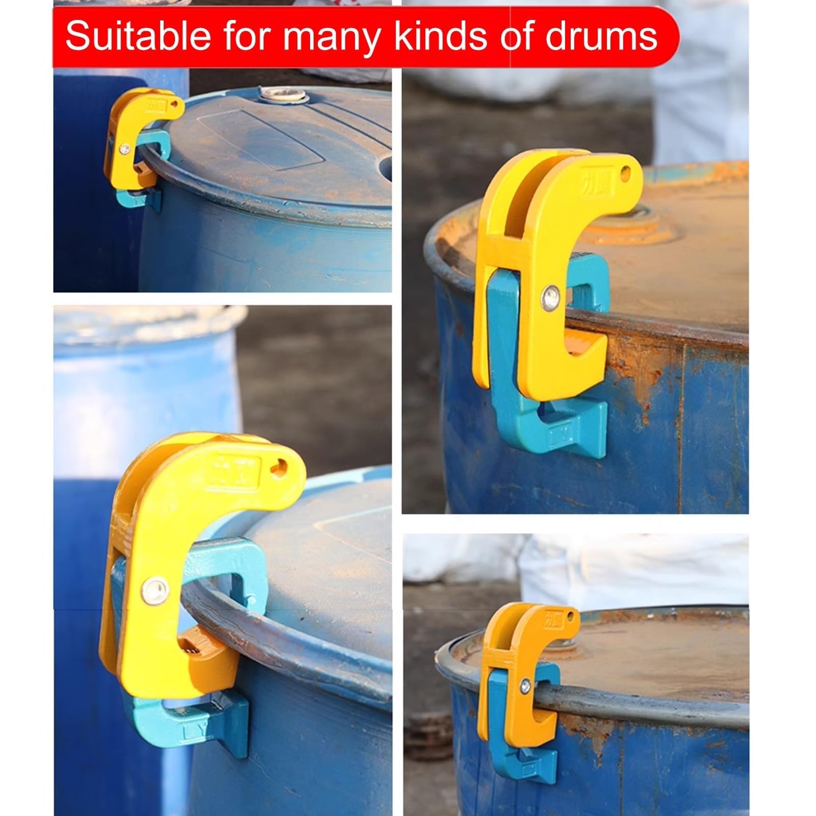 Catena di sollevamento per tamburi pesanti con ganci autobloccanti per fusti in plastica e acciaio, attrezzatura verticale compatibile con gru e carrelli elevatori