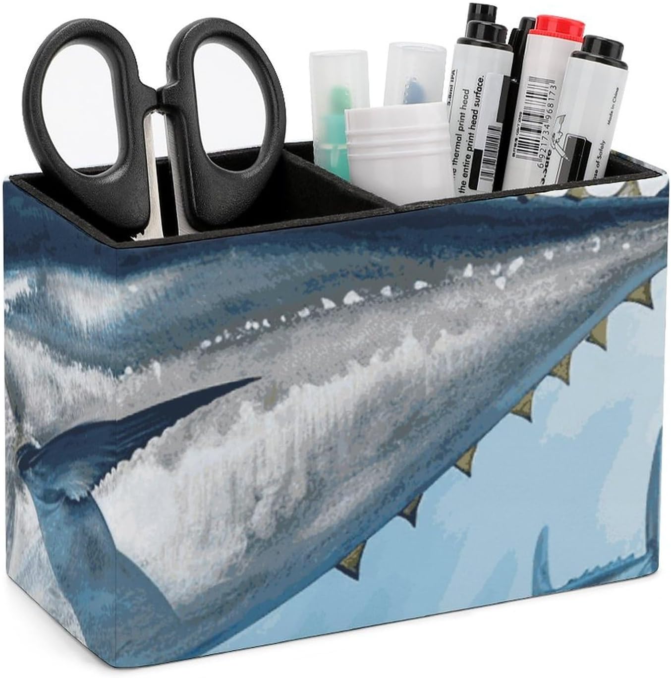 Leather Square Color Simple Bluefin Tuna Thunnus Printed Pen Container Desktop Decoration Storage Accessories, Double Compartment Pen Container Ideal for Home Offices