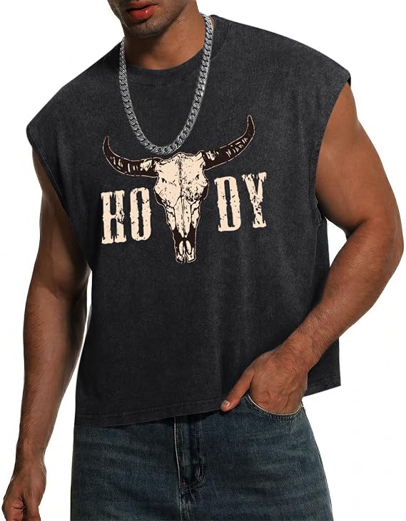 Men's Western Cowboy Crop Top Cow Skull Graphic Cropped Sleeveless T Shirt Country Concert Summer Tank Tops