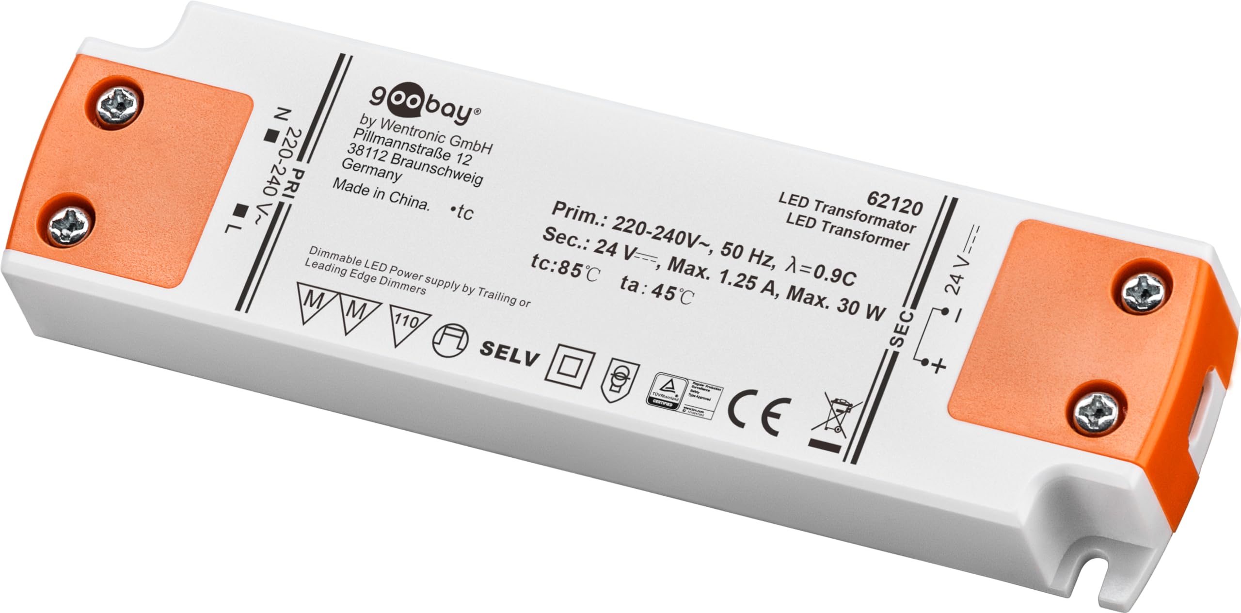 goobay LED Transformer 24 V (DC)/30 W, Dimmable, 24 V DC for LEDs up to 30 W, Total Load