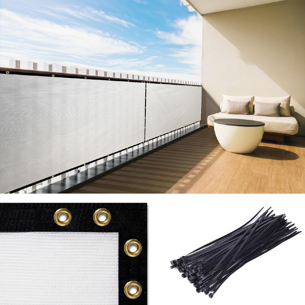 Royal Shade 3' x 10' White Balcony Privacy Screen, Above-Railing Porch Patio Fence Windproof Cover Netting, Cable Zip Ties Included, Custom
