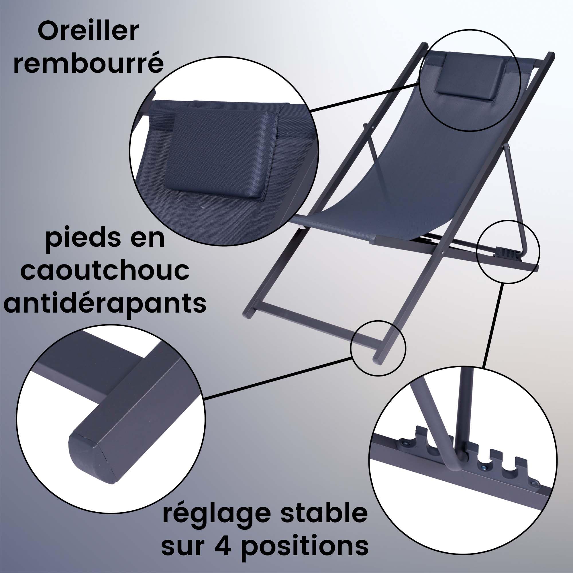 2X Chaise longue pliante en métal anthracite, capacité de charge jusqu'à 150kg, réglage du dossier à 4 positions, Chaise pliante pliante pour jardin, balcon, terrasse, chaise de plage, chaise