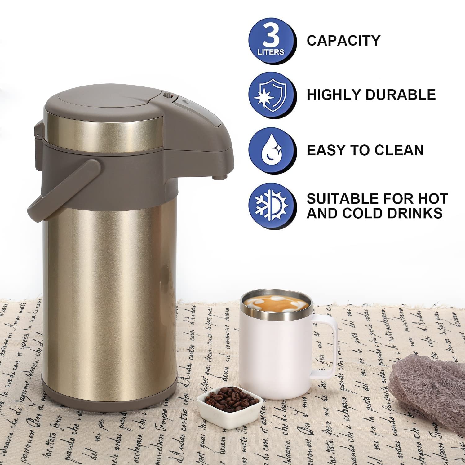 Thermos da 3,0 litri, in acciaio inox, a doppia parete, con meccanismo di pompa, caraffa per caffè, caraffa per 16 tazze (oro)