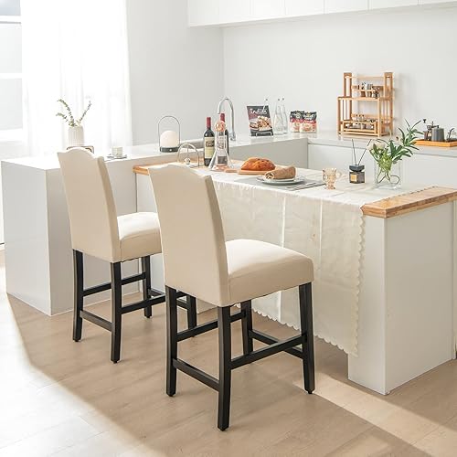 Miniatura 9 de GOFLAME Juego de 2 taburetes de bar, modernos taburetes de bar tapizados con asiento acolchado, sillas con respaldo y patas de madera de goma, juego