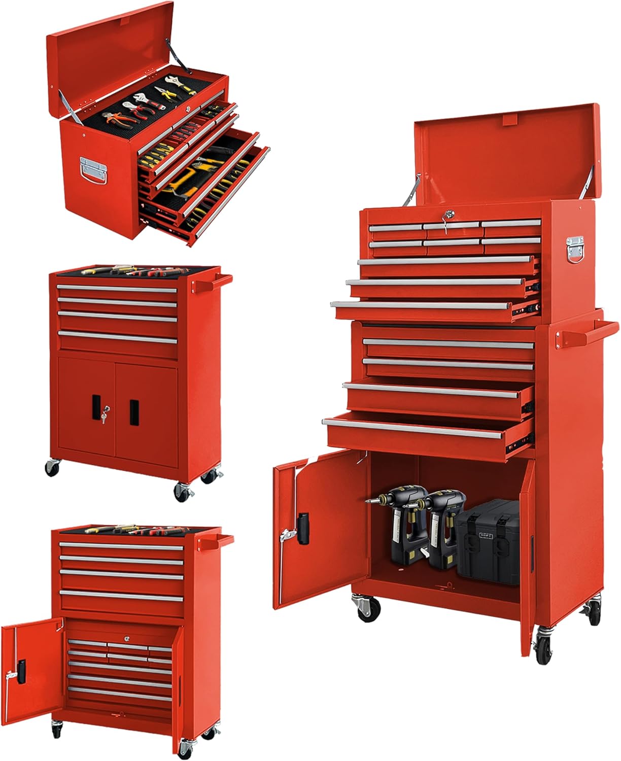 13-Drawer Double Door Handles Rolling Tool Chest, 2 in 1 Detachable Rolling Tool Chest, Large Tool Box with Drawers, Large Lockable Tool Cabinet, Moblie Standing Toolbox for Garage Workshop-Red