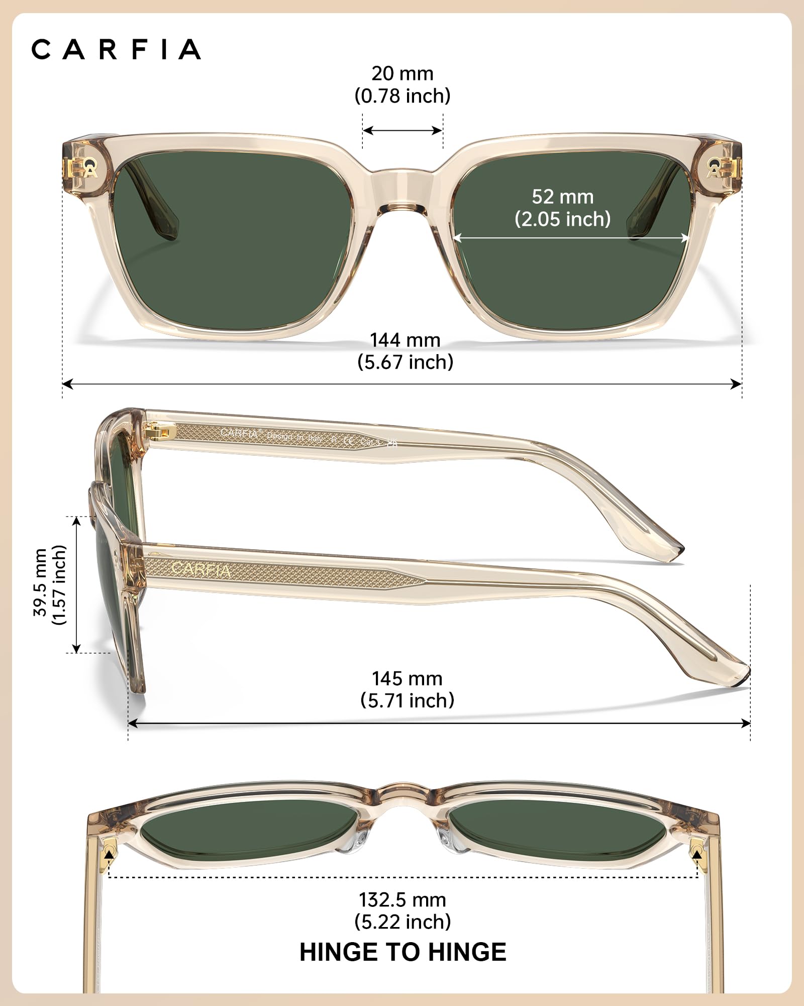 CARFIA Retro Herren Sonnenbrille Rechteckig Polarisiert UV-Schutz Acetat CA6232