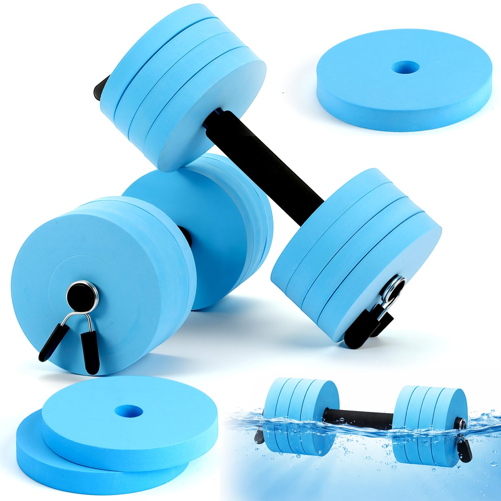 Thenshop Lot d'haltères en mousse pour exercices aquatiques, 1 paire d'haltères bleus pour piscine avec 8 disques en mousse EVA et 4 clips de verrouillage, barres de fitness réglables pour piscine et