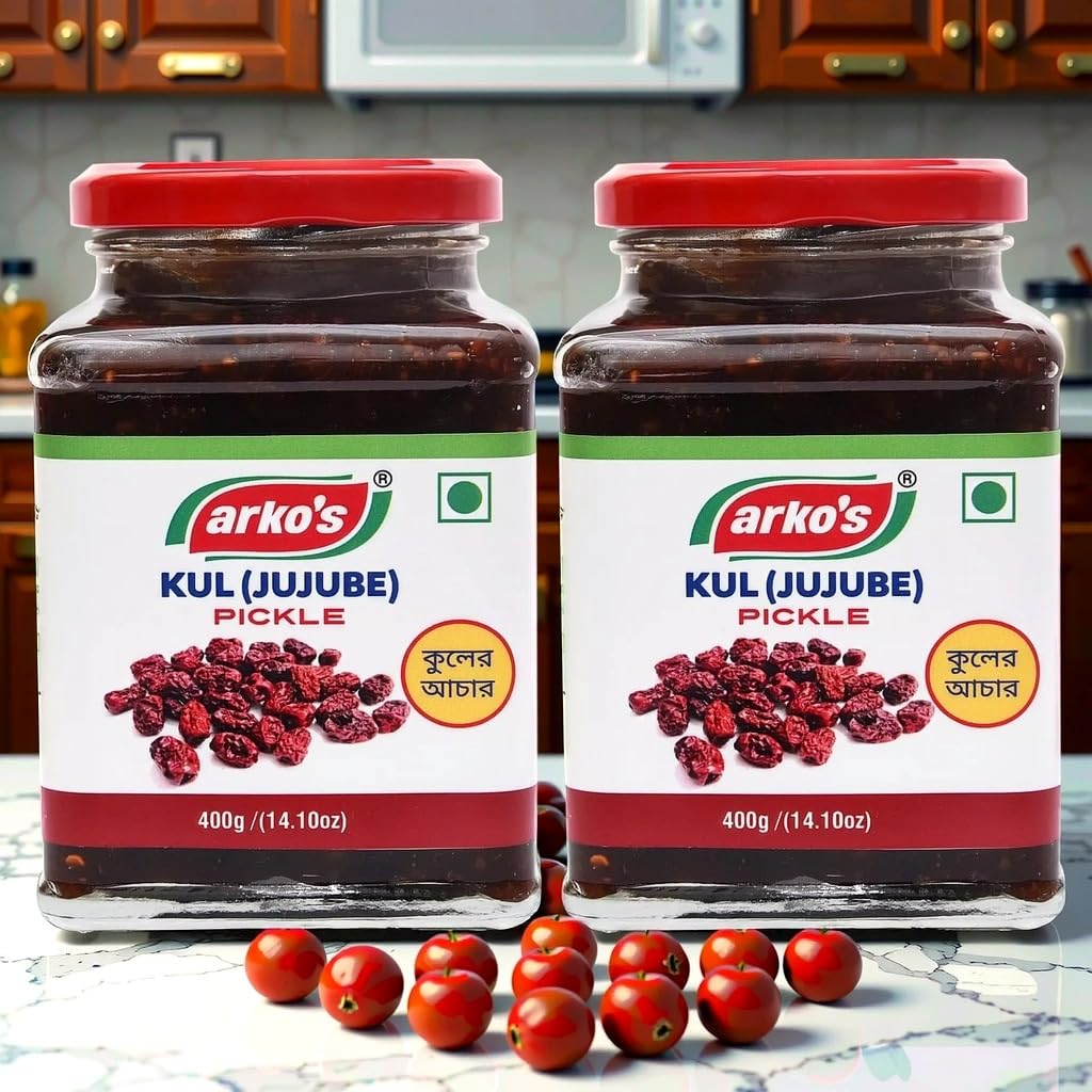 Arkos Homemade Kul Pickle 800gm with 100% natural ingredients,Indian Traditional Bengali Hot,Tangy,Sour & Spicy Kuler achaar, Ber ka Achar, Jujube Pickle, Oil Free,Kul (Ber, Jujube, Regi Pandu) achar.Perfect for Rice, Roti,Paratha,Ready to use Homemade Combine Gur and sugar,