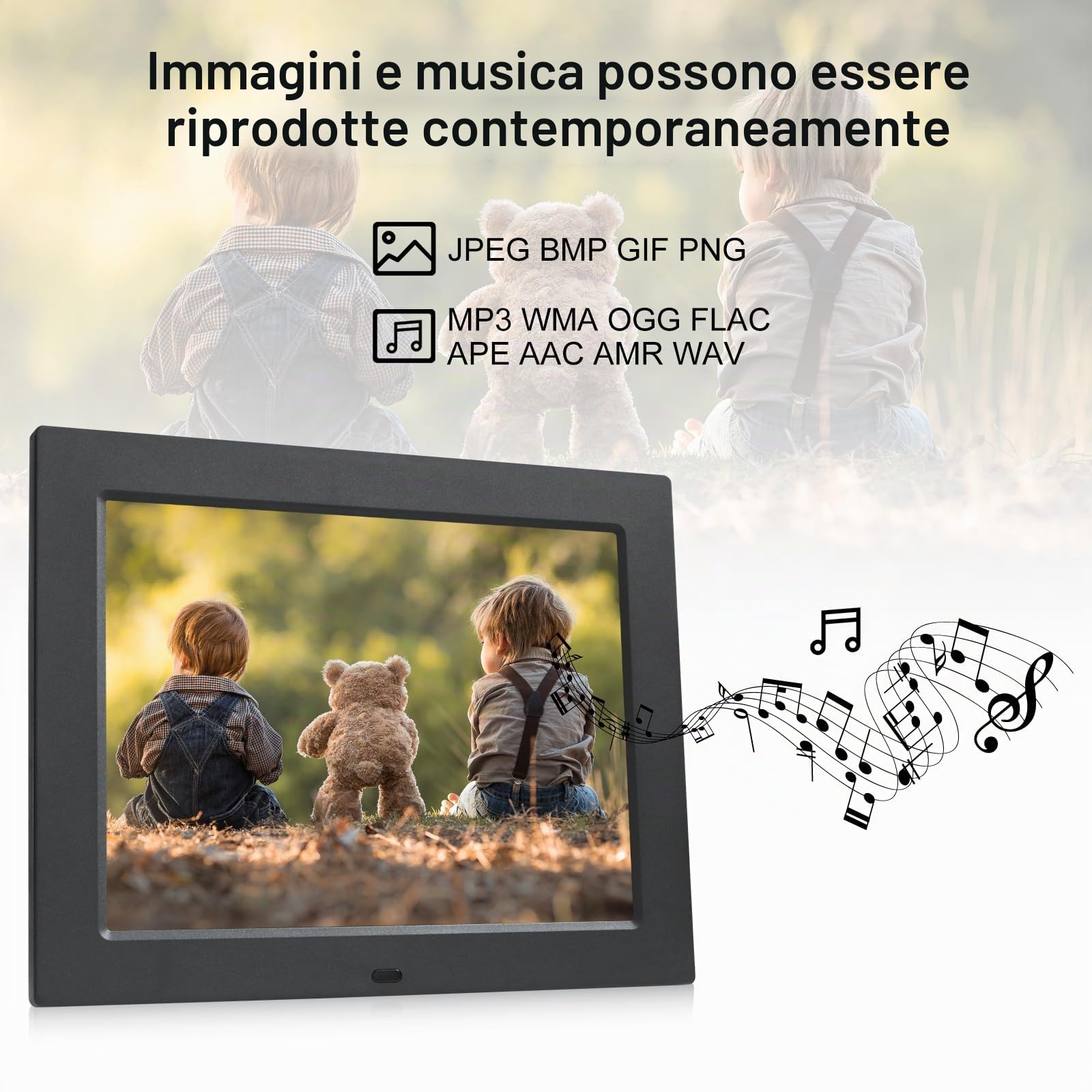 TSITSC Cornice digitale da 8,7 pollici, schermo IPS 1024 x 768, cornice elettronica, calendario/funzione orologio/musica/lettore foto/video con telecomando, supporta scheda USB/SD (nero)