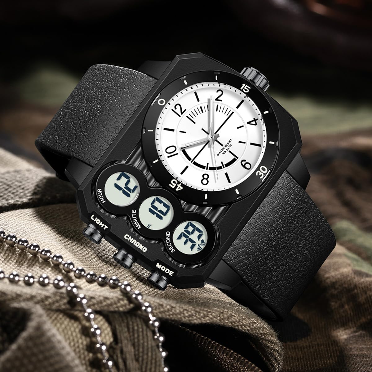 findtime Reloj analógico digital único para hombre, doble zona horaria, deportivo, al aire libre, cuadrado, grande, alarma, cronómetro, cuenta regresiva, LED, luminoso, negro y verde